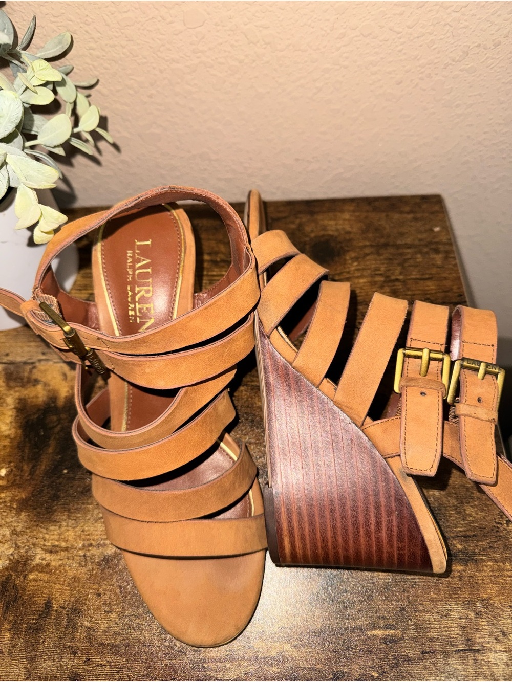 LAUREN Ralph Lauren Cognac Strappy Wood-Stack Wedge Sandals - Aleigh